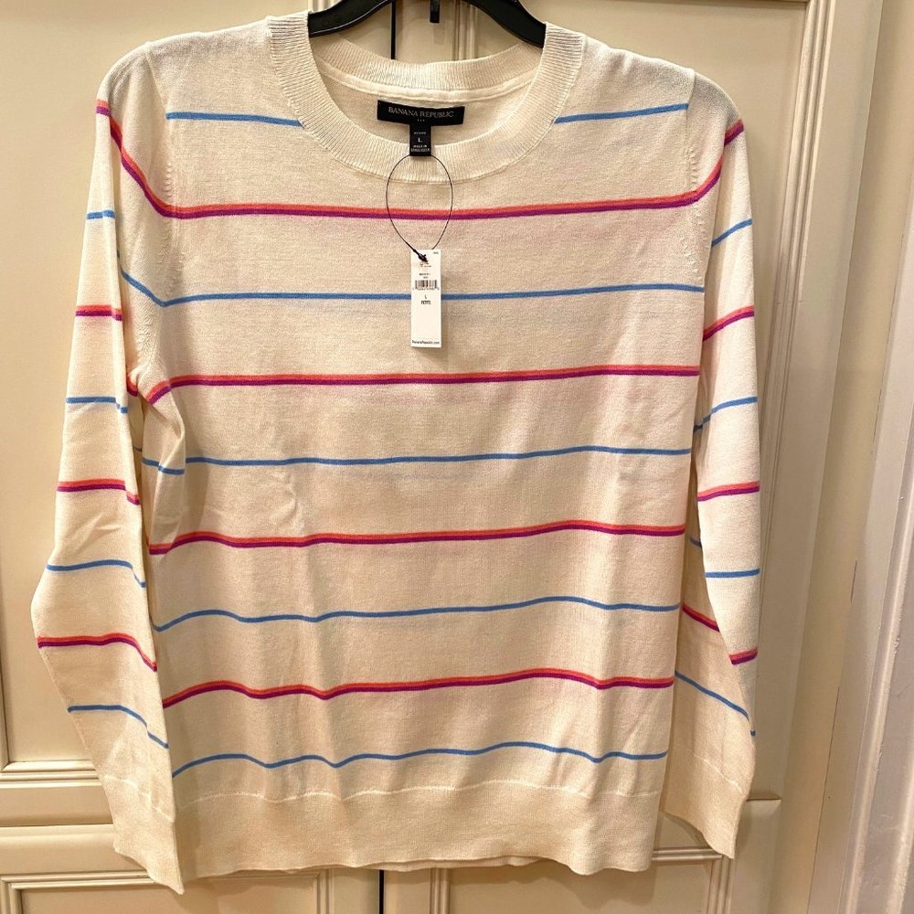 Banana Republic Womens Sweater Petite Large Crewneck Striped Lightweight